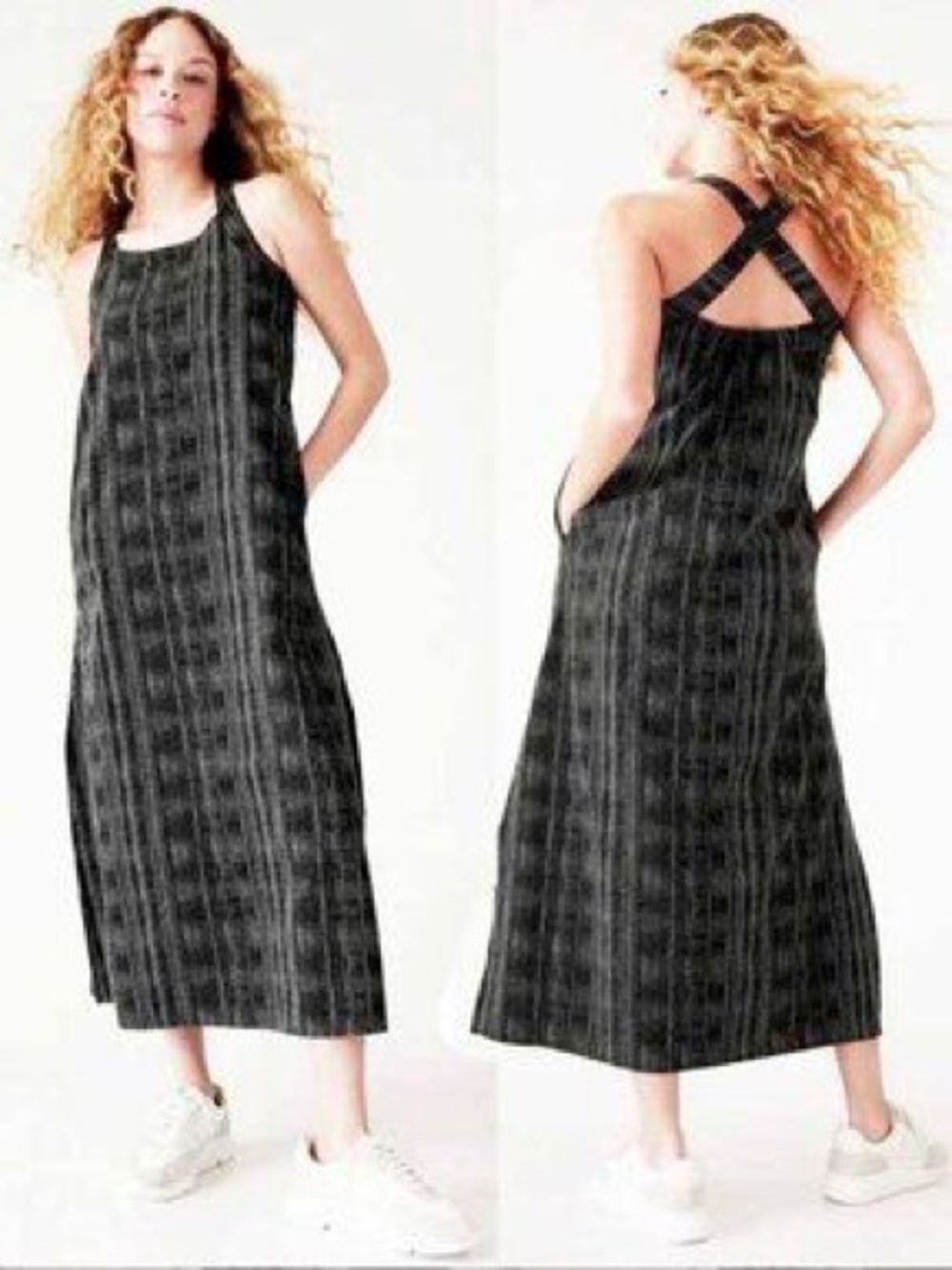 NWT Athleta Arrival Maxi Dress Amara Stripe Black Cross Back Pockets Athletic XS